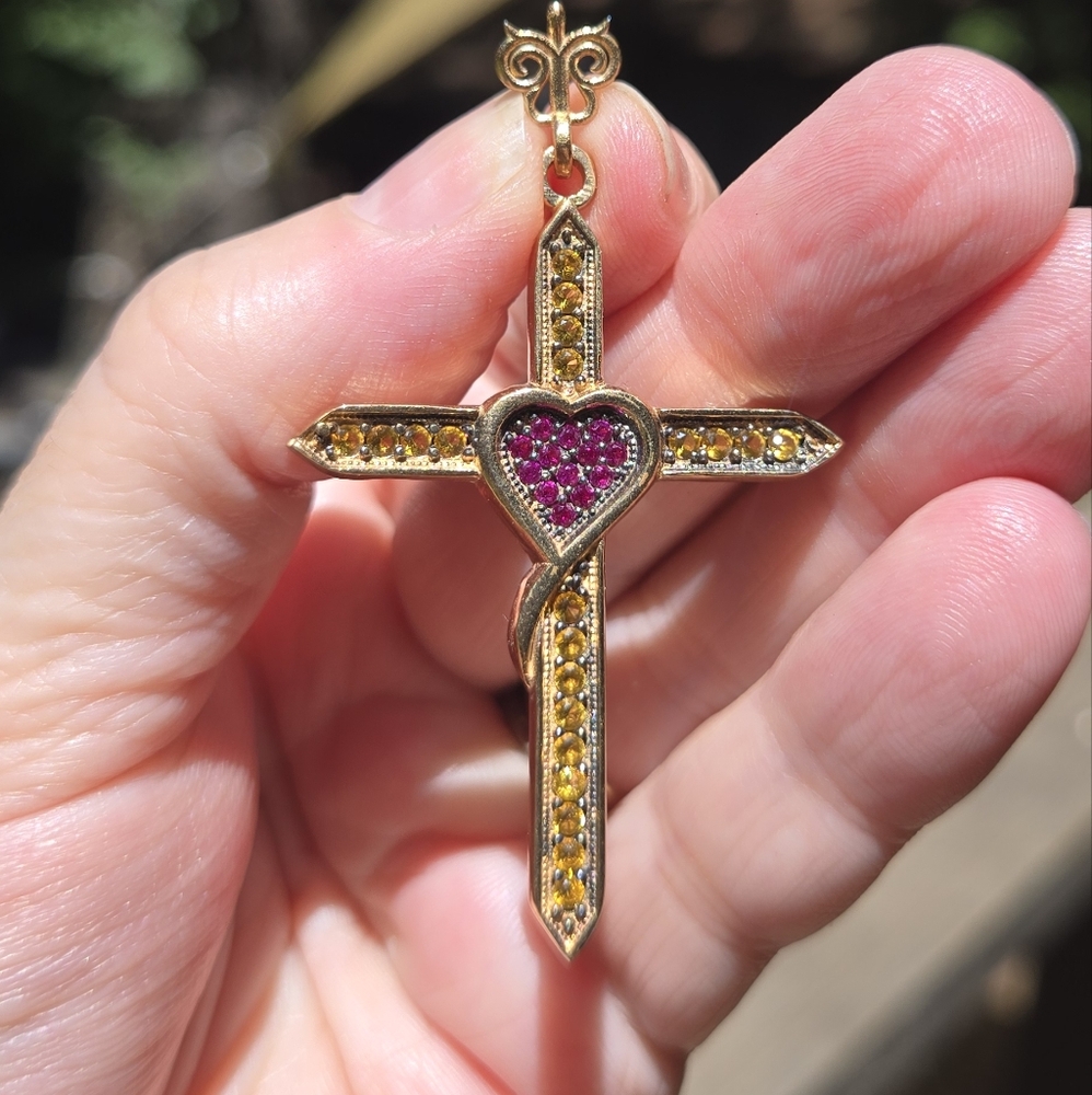 Citrine & Ruby Sterling & Gold Cross W/heart Pendant - Picture 5 of 9